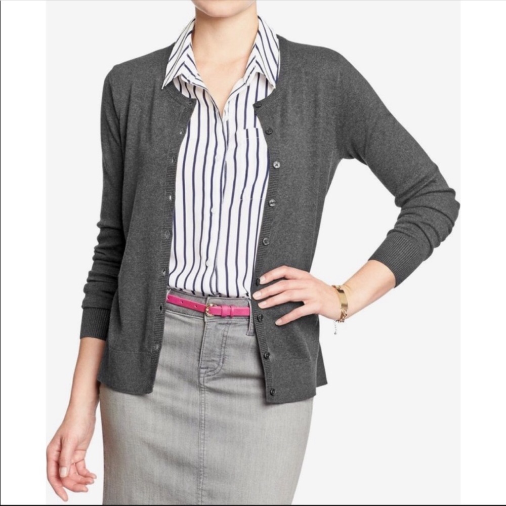 Ann Taylor Gray Button-Down Crew Neck Cardigan L - image 1